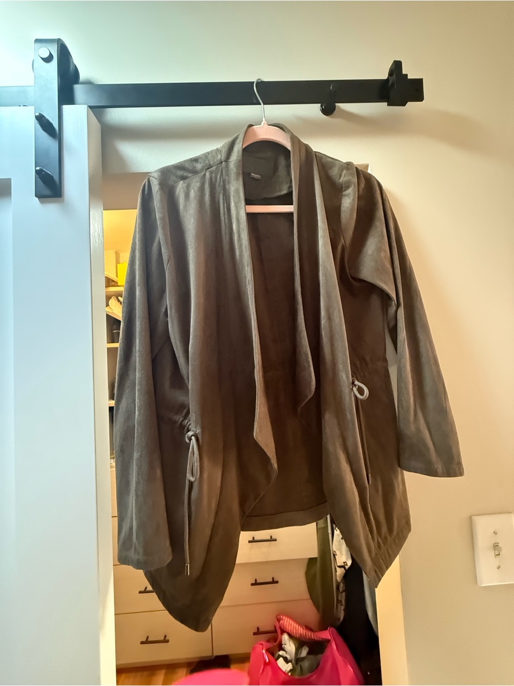 Blank NYC Draped Open-Front Jacket in Taupe